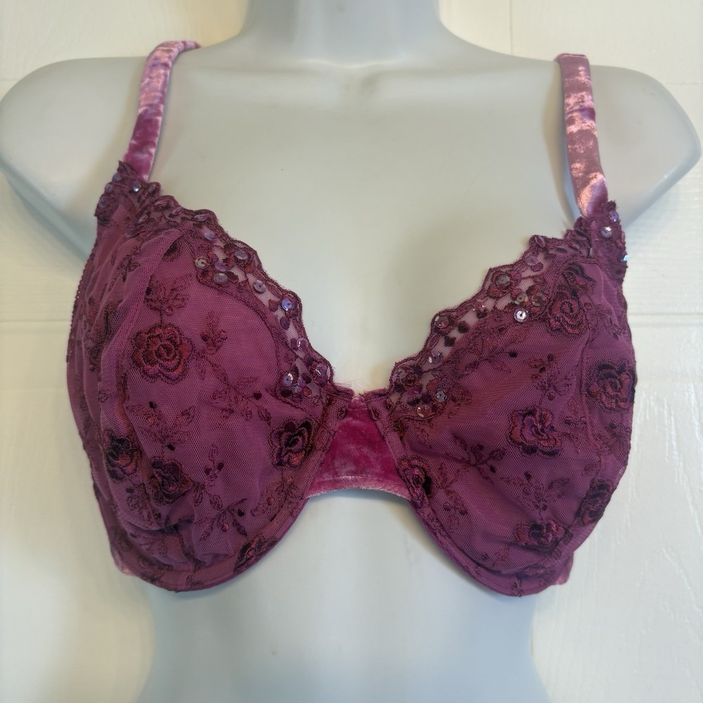 Cacique Unlined Pink Lace Sequin Velvet Seriously Sexy‎ Underwire Bra Size 40B